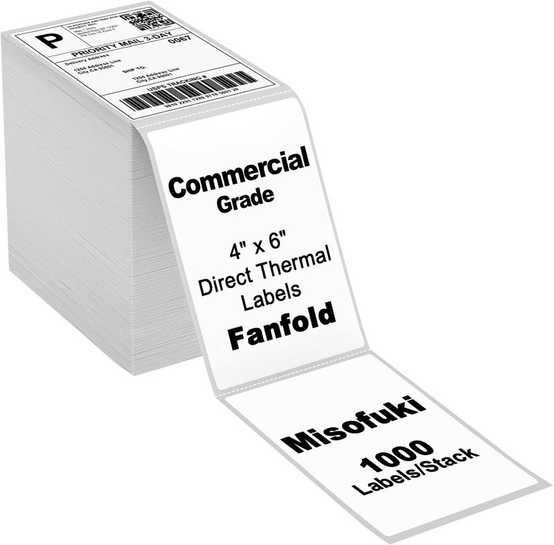 Misofuki 4x6 1 Stack 1000 Labels Fanfold Direct Thermal Shipping Labels Compatible with Rollo, MUNBYN, Zebra, Fargo Label Printer, Permanent Adhesive White Commercial Grade Labels for Thermal Printers - Image 1